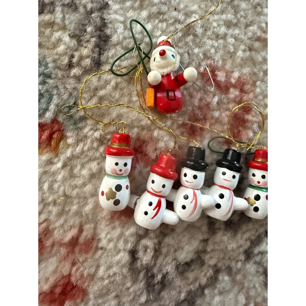 Vintage Miniature Wooden Christmas Ornaments Set‎ 7pc Santa Snowmen Hand Painted